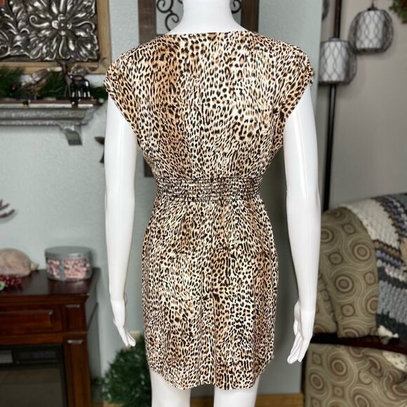 Lily White Dress Leopard Print Smocked Waist Mini Size Medium - Picture 5 of 14